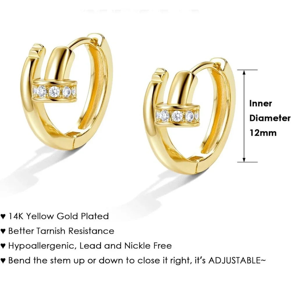 14k Gold Plated Twisted Nail‎ Huggie Earrings Small Hoop Gold Hypoallergenic CZ